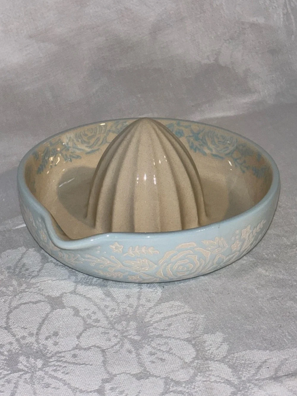 Vintage Pastel Blue Ceramic Citrus Juicer Rose Floral Cottagecore Reamer